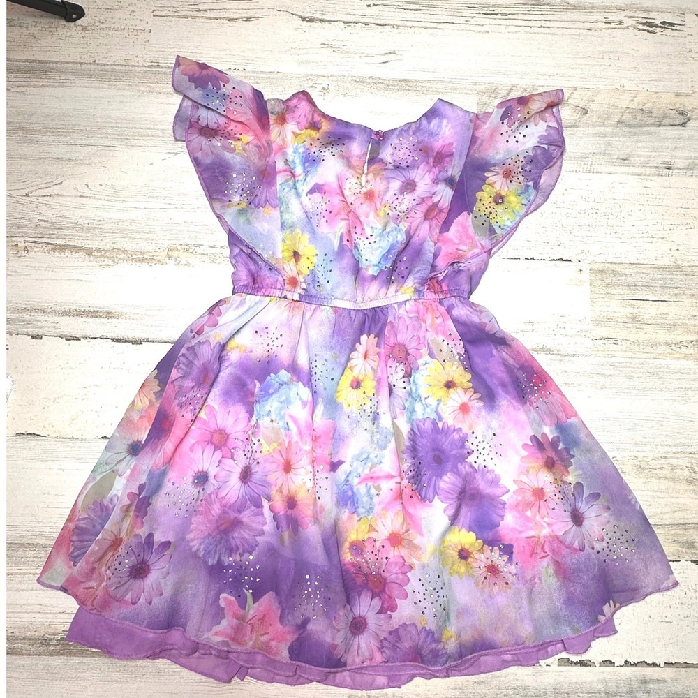 Justice Floral Chiffon Dress Girls Purple Rhinestone Flutter Sleeve size 6